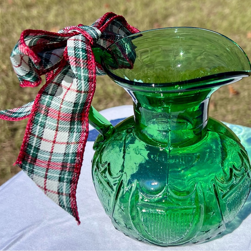 Green Glass Star and Shield Pitcher Vintage Clevenger Glass South Jersey